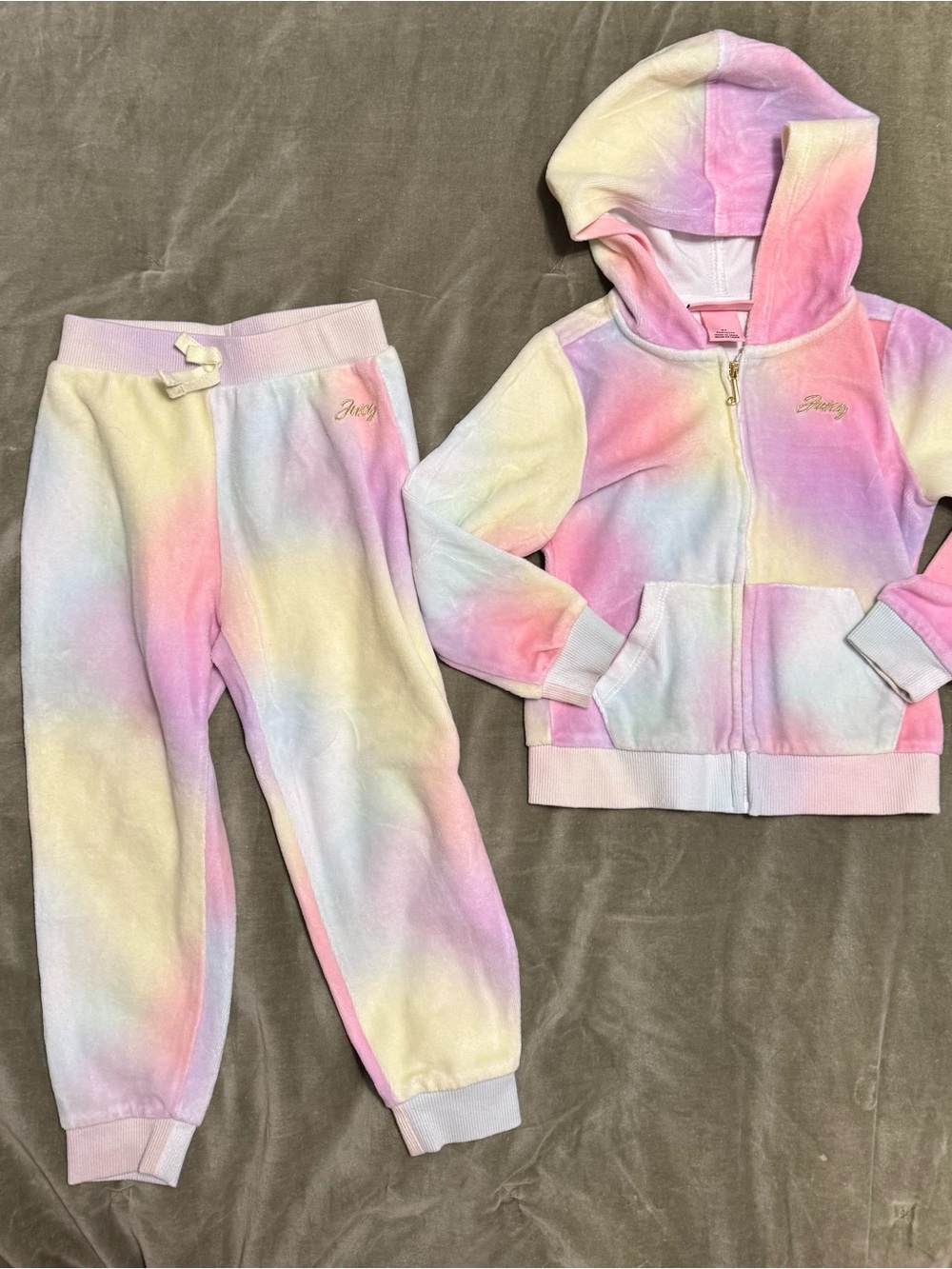 Juicy Couture Kids Pastel Tie-Dye Velour Hoodie & Jogger Set - Pink/Yellow